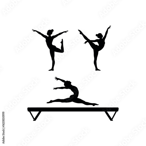 Black silhouette of gymnasts performing on white background gymnastics athlete