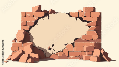 Crumbled Brick wall. Broken Brick Wall. Ruined brick wall. Damaged Brick wall. Vector illustration.