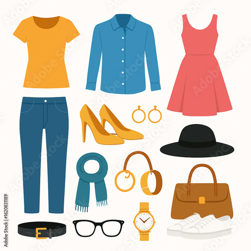 Women's fashion outfit and accessories set.