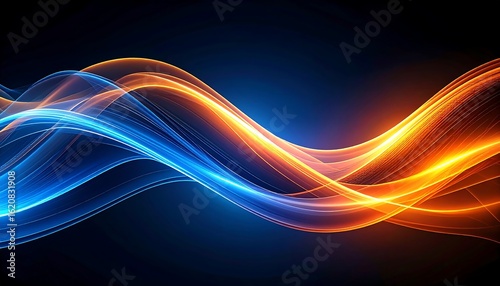 Abstract flowing waves of vibrant blue and fiery orange light against a dark background