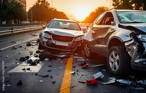 Two Car Crash Accident on City Road Damaged Vehicles Collision Debris Street Scene Traffic Emergency Insurance Safety Risk Concept