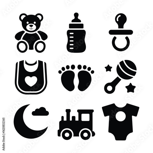 Black baby icons including teddy bear bottle pacifier bib footprints rattle moon train and onesie infant