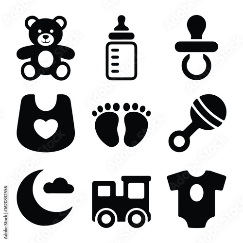 Black baby icons on white background teddy bear bottle pacifier bib footprints rattle moon train onesie