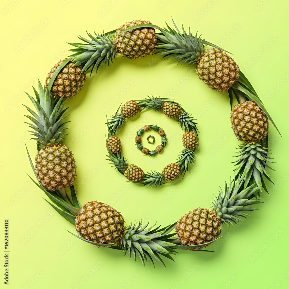 Fototapeta premium Pineapples Spiral Path on Yellow Lime Background