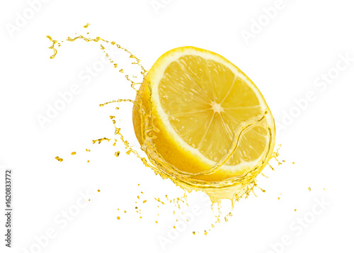 Half of lemon and splash of citrus drink in air against white background