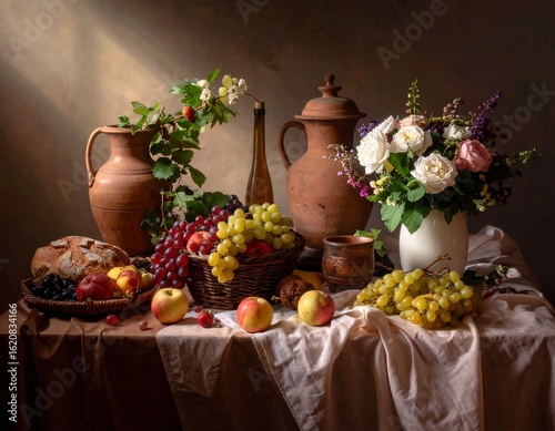 Rustic Still Life with Flowers, Fruit, Bread, and Clay Vessels in Natural Light
