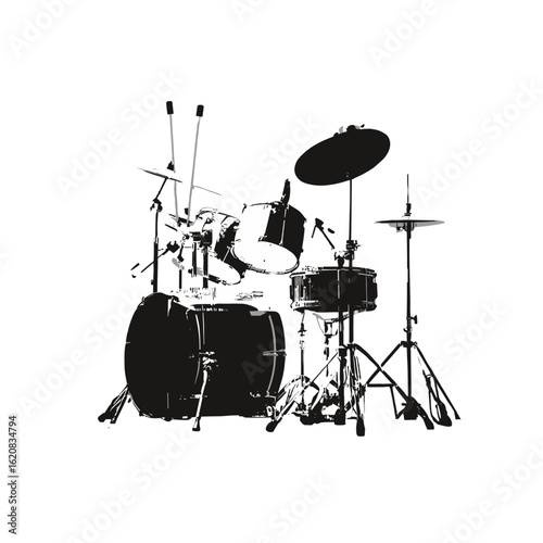 A detailed monochrome image of a complete drum kit.