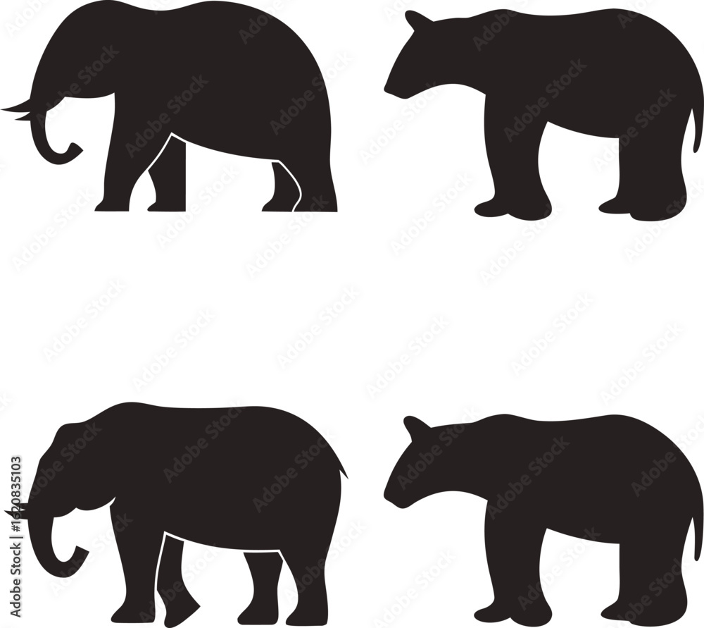 Fototapeta premium Isolated set of walking elephant silhouettes, a big wild mammal with a large trunk and tusks, against a nature background