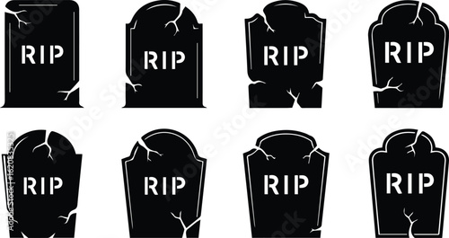  group of eight weathered tombstones with rip inscription, isolated on white background vector illustration