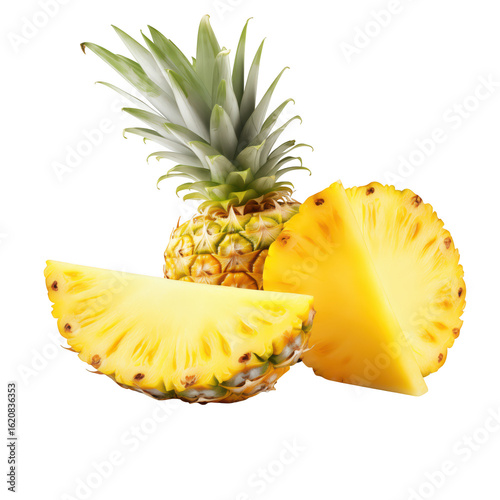 Ripe Pineapple and Pineapple Slices isolated on transparent background Remove png