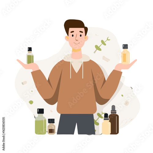 A man showcasing essential oil bottles, exuding wellness and natural care.