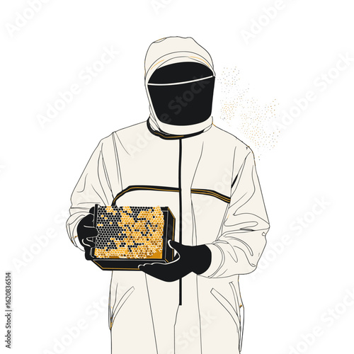 A person in a protective suit holds a honeycomb frame.
