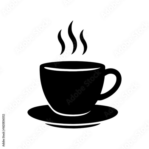 Black silhouette of a steaming coffee cup and saucer