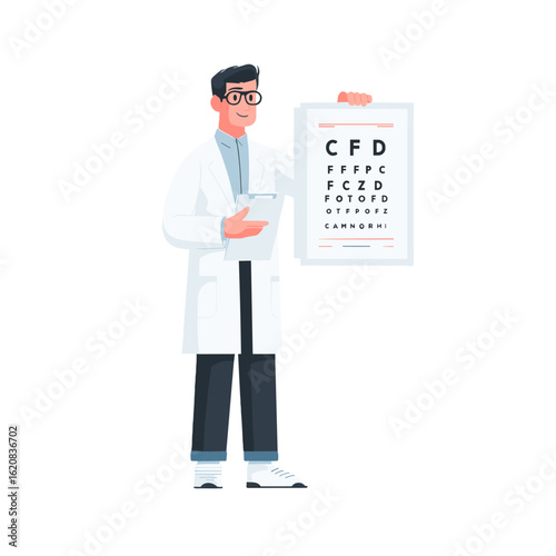 A friendly doctor holding up a eye test chart.