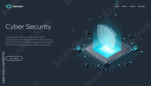 Wallpaper Mural Abstract web page template for Cyber Security or blockchain on dark background. Network infrastructure website layout concept. Isometric vector illustration with processor. Torontodigital.ca
