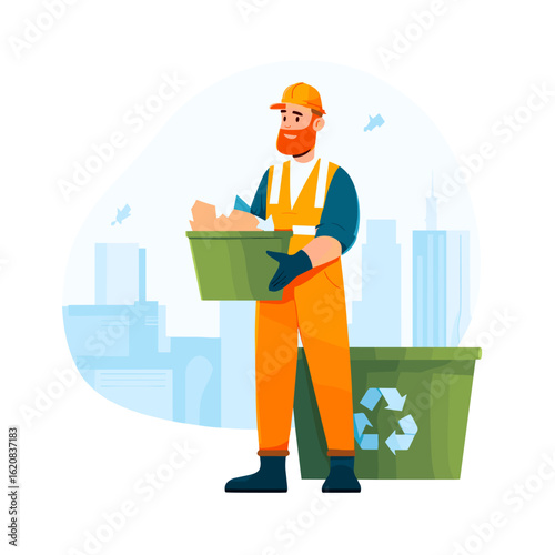 A dedicated sanitation worker collecting recyclable materials with a city in the background.