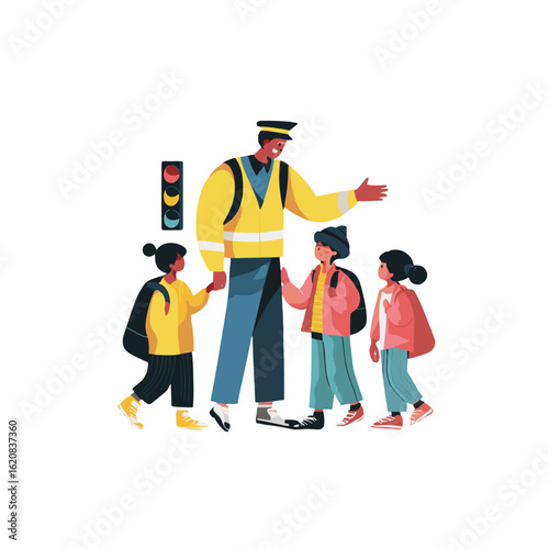School crossing guard helps children cross the road.