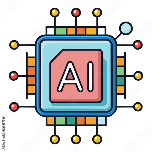 Cartoon AI Chip Icon – Flat 2D Vector with Colorful Tech Wires on White Background