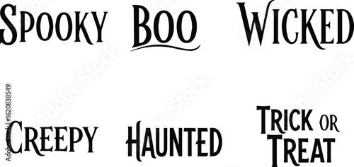  halloween phrases including spooky, boo, wicked, creepy, haunted, trick or treat, isolated on white background vector illustration