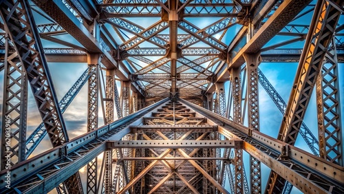An abstract perspective looking up through the intricate steel lattice structure of a large bridge against a blue sky