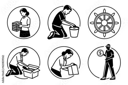 Diverse People Engaged in Various Activities and Symbols.