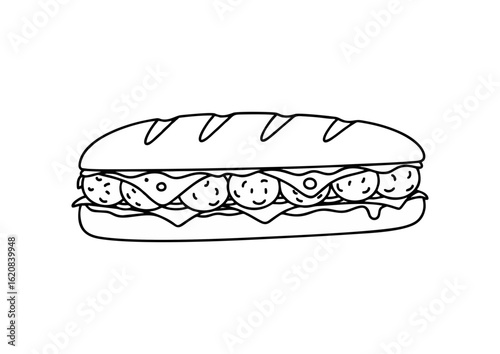 icon of meatball sub sandwich in minimalist style, outline illustration, copy space
