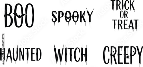  collection of halloweenthemed words and phrases in various spooky fonts, including boo, spooky, trick or treat, haunted, witch, and creepy, isolated on white background vector illustration