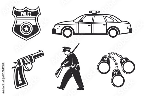 Police Officer Car Gun Badge Handcuffs Icons.