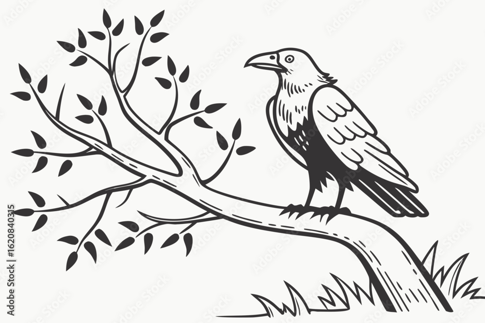 Obraz premium Stylized Raven Perched on a Branch.