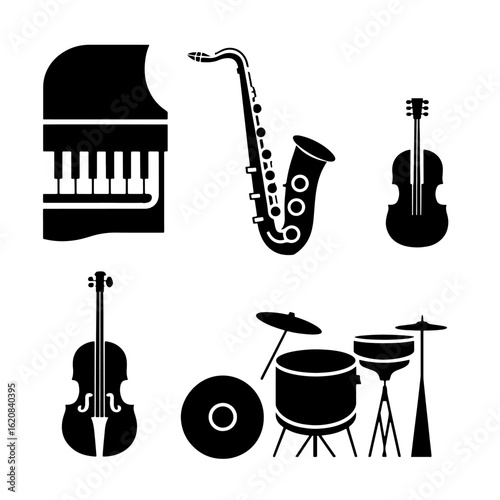 Classical musical instruments, grand piano, saxophone, violin, drum set, cello. A set of vector black silhouettes in a flat minimalist art style
