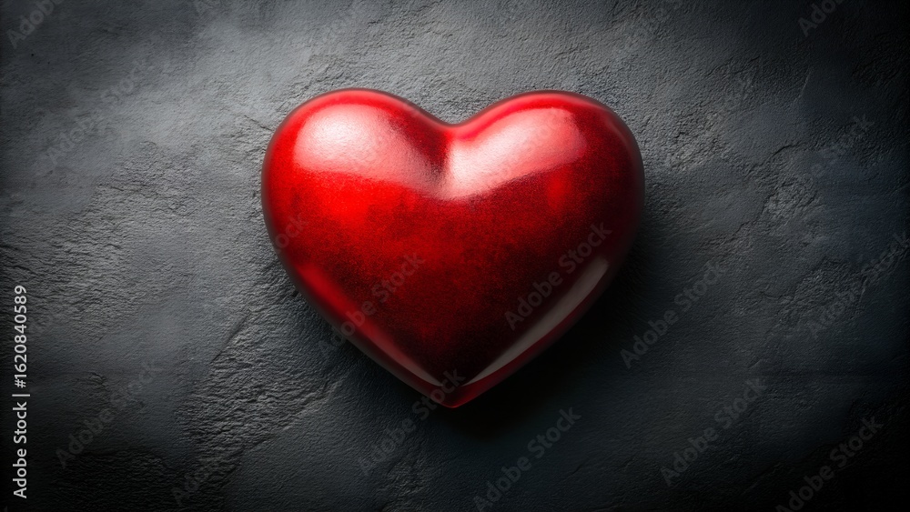 Fototapeta premium A vibrant red, glossy heart symbol representing love and passion, set against a dark, textured background with dramatic lighting