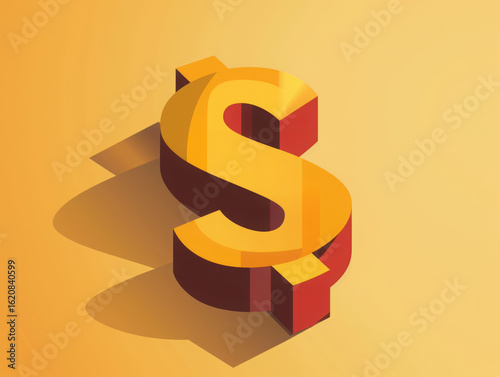 Isometric dollar symbol with shadow on gradient background in shades of yellow and red colors