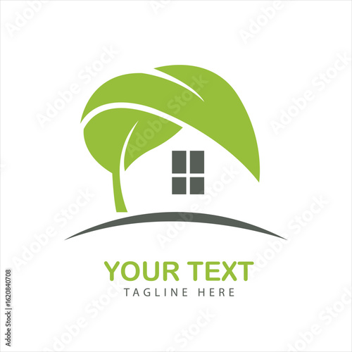 Eco-friendly house logo with green leaves, symbolizing nature protection