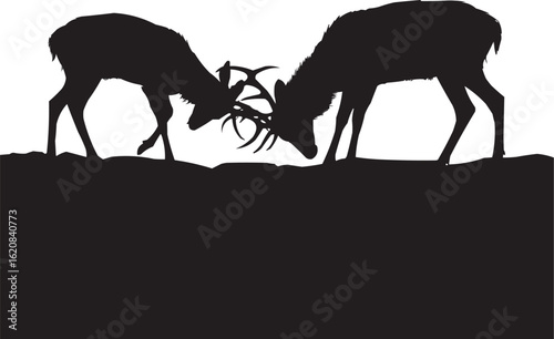A silhouette vector of A black and white vector silhouette of two male deer (bucks) engaged in antler sparring atop a rugged hilltop against a cloudy sky, with their antlers interlocked as they wrestl