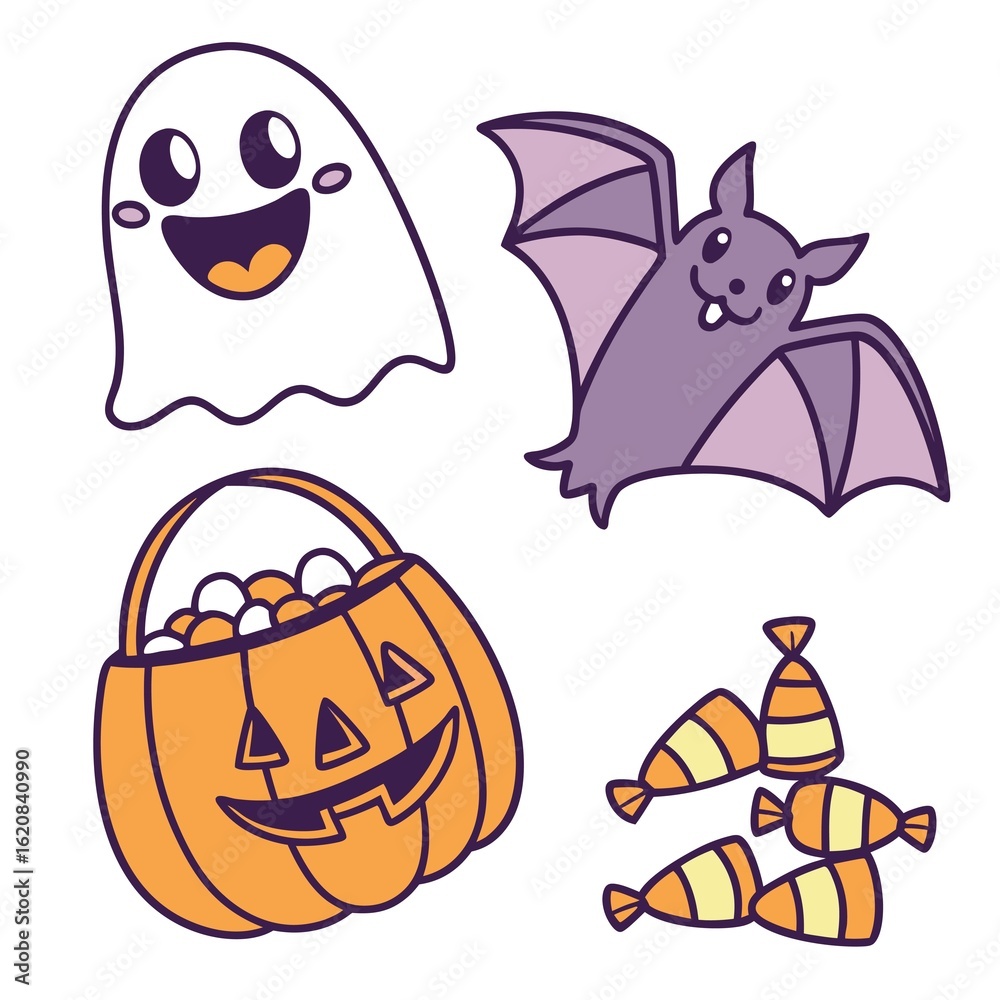 Fototapeta premium cute-halloween-sticker-pack---pumpkin--ghost--bat- (1)