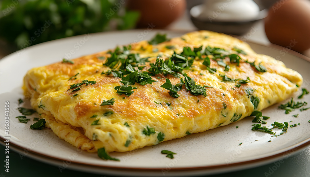 Fluffy Cheese Omelet with Fresh Herbs on a Breakfast Plate Fluffy Cheese Omelet with Fresh Herbs on a Breakfast Plate
