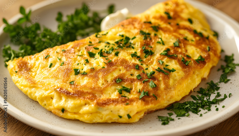 Fluffy Cheese Omelet with Fresh Herbs on a Breakfast Plate Fluffy Cheese Omelet with Fresh Herbs on a Breakfast Plate