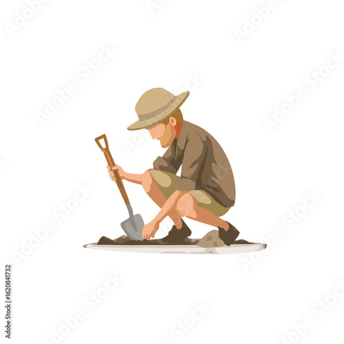 An illustrated person digging ground using shovel.