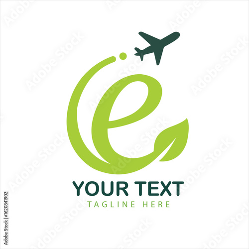 Letter E with plane and leaf, eco travel tourism vector logo icon