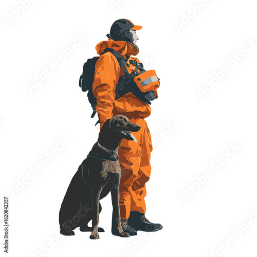 A person and his dog are focused and determined, ready for action.