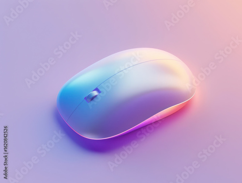 Sleek wireless mouse with scroll wheel on a gradient purple and pink background in a studio setting