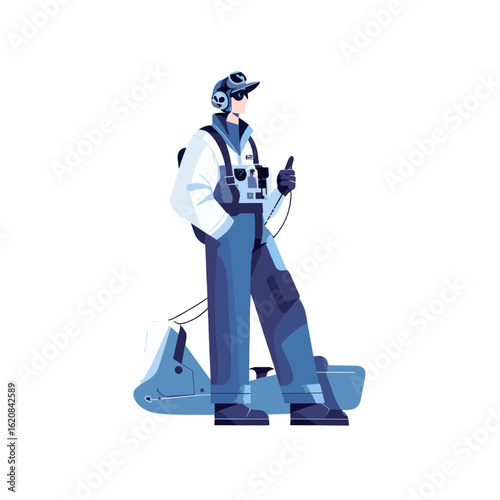 A surveyor is assessing the surroundings using professional equipment.