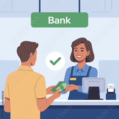 Customer at a bank counter making a cash deposit with a friendly female teller. Financial services concept vector illustration.