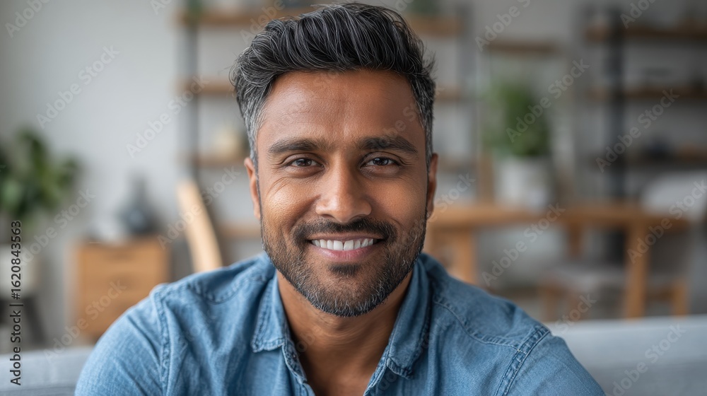 Obraz premium Headshot portrait of attractive confident indian Hispanic man with toothy smile looking at camera at modern living room. Latin businessman posing in casual stylish look at home office., no logos, no