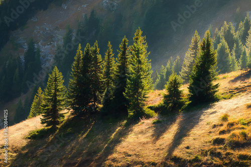 Realistic cluster of pine trees growing densely on a sunlit mountain slope with scenic forest view
