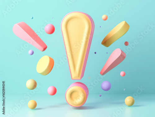 Abstract exclamation mark with pastel shapes floating on a light blue gradient background scene