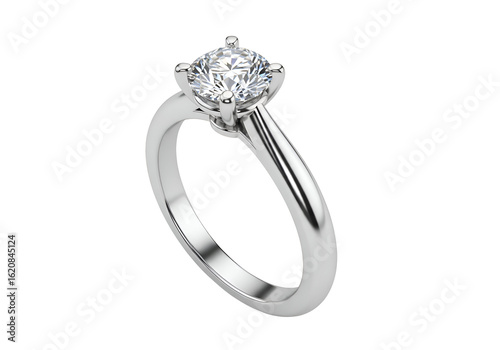 A solitaire diamond ring set in white metal.