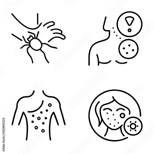 A set of icons depicting skin symptoms and reactions to tick bites, with a black outline and a transparent background