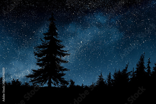 Realistic pine tree silhouette standing tall against a serene starry night sky in peaceful nature