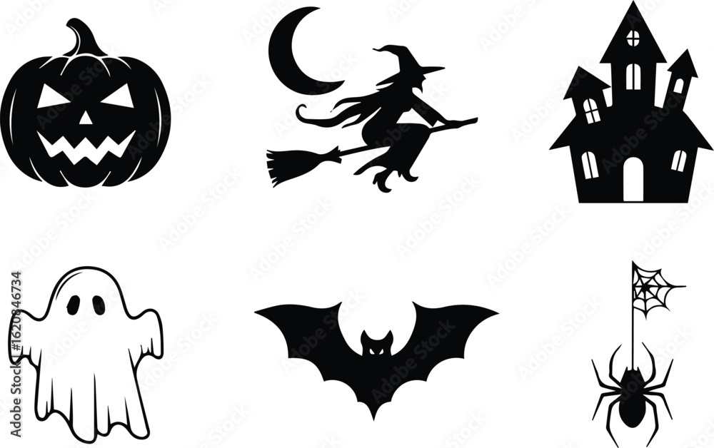 Obraz premium collection of halloween symbols including pumpkin, witch, ghost, bat, spider, and haunted house isolated on white background vector illustration